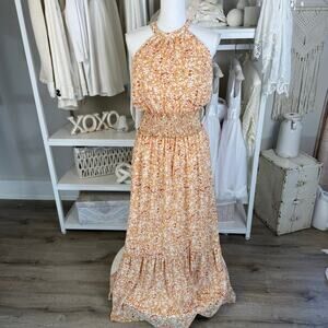 Mittoshop Mirabella Boutique Floral print halter dress, Medium peachy pink #3749